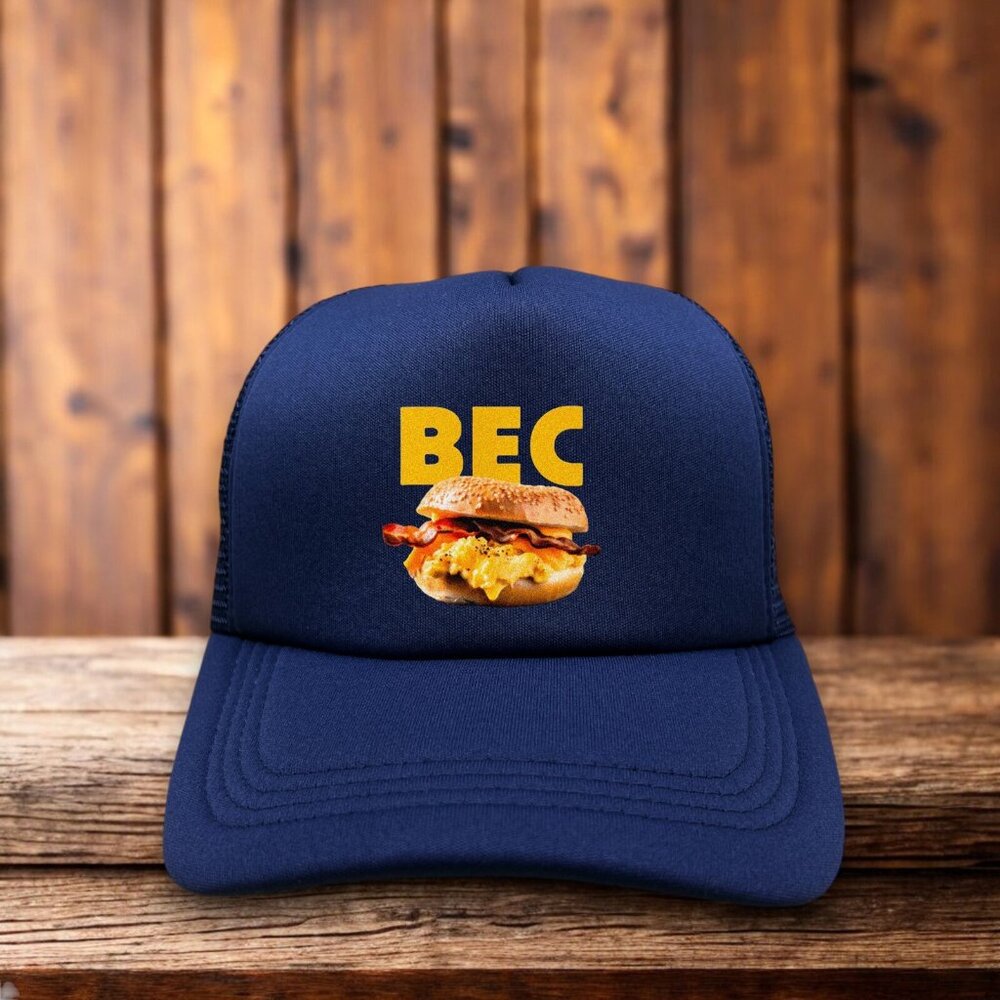 Bacon Egg And Cheese Breakfast Sandwich Mens Trucker Hat Blue Taylor Ham Bagel